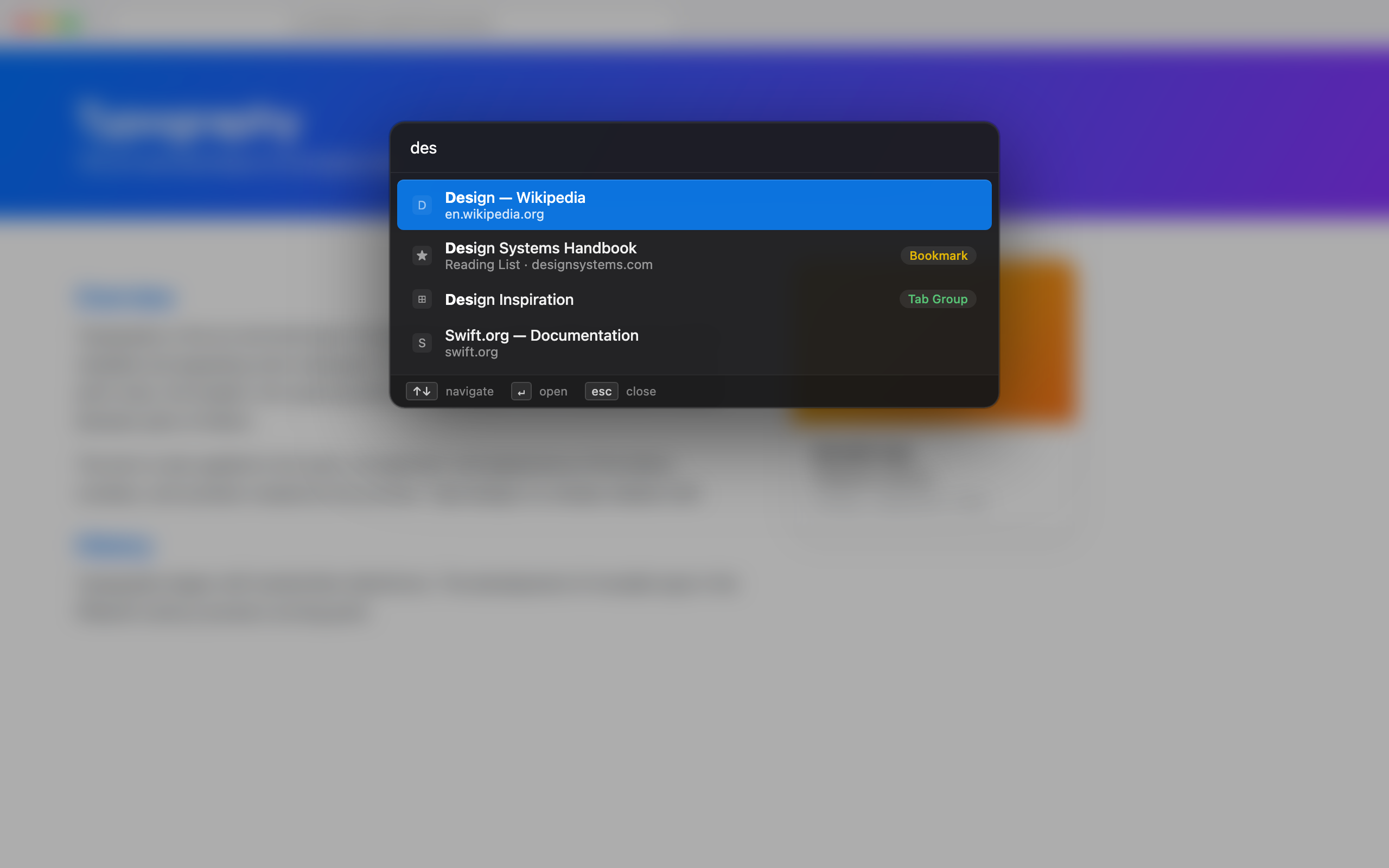 Last Tab search across tabs, favorites and tab groups